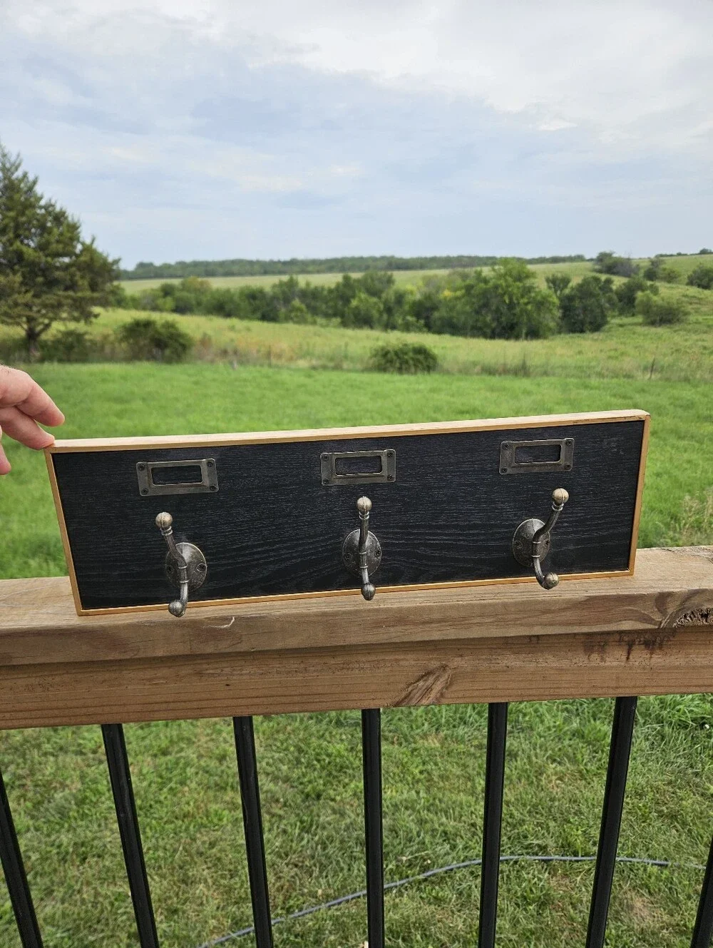 Industrial Farmhouse Wall Coat Rack Vintage Label Holder 3 Hooks Black Wood